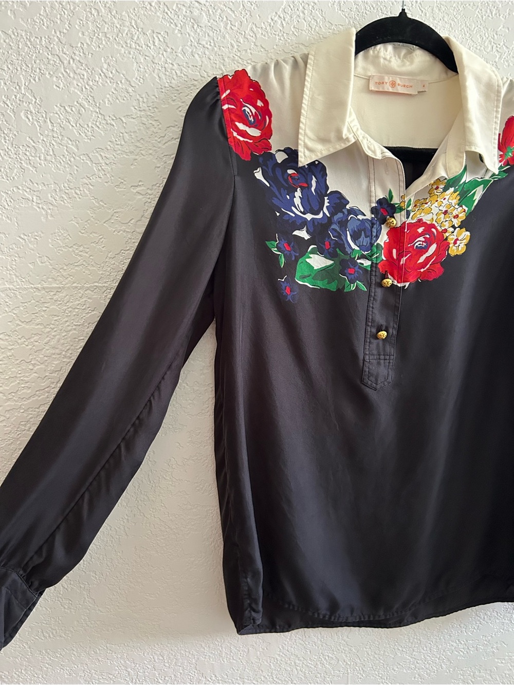 Tory Burch Black Floral Print Collared Half Button Long Sleeve Silk Blouse Top - Picture 4 of 7